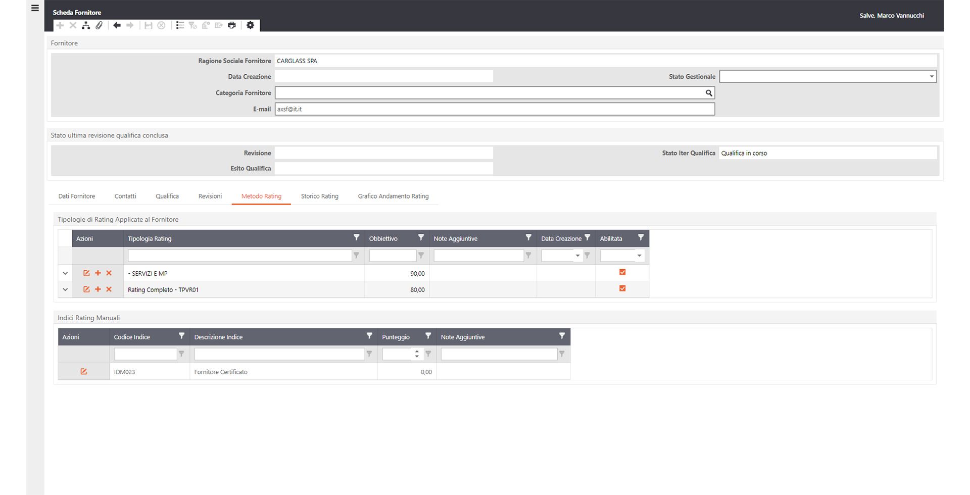 Software Qualifica Fornitori - Scheda fornitore metodo rating