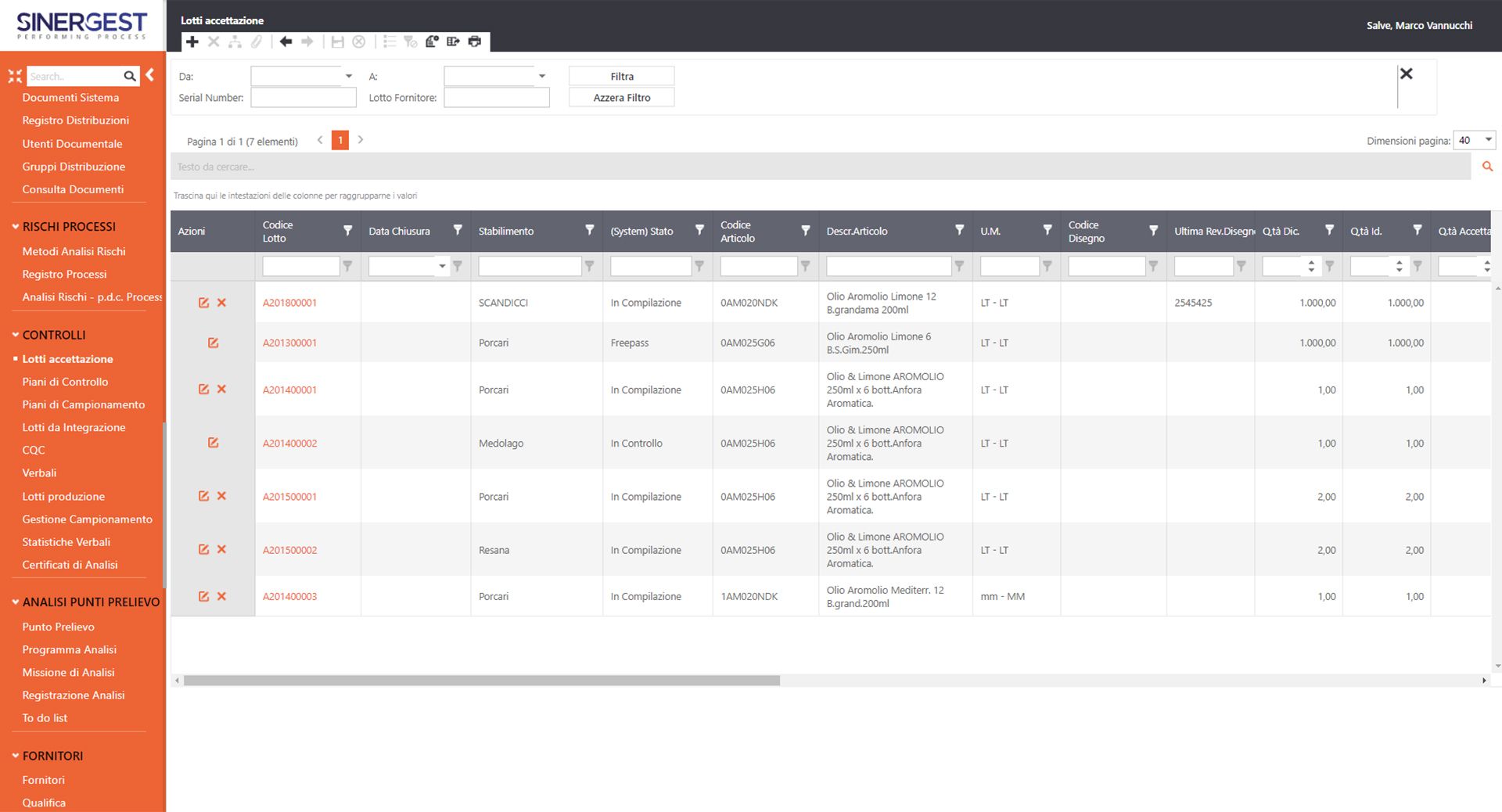 Software Controlli in Accettazione - Registro lotti in accettazione